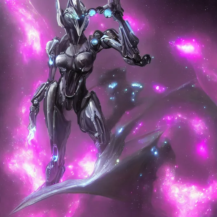 Prompt: cinematic shot, bust, cosmic sized perfectly proportioned stunning beautiful hot female warframe, anthropomorphic robot mecha female dragon, silver, fuschia leds, floating in empty space, nebula sized, holding a galaxy, epic proportions, epic size, epic scale, furry art, dragon art, giantess art, warframe fanart, furaffinity, deviantart