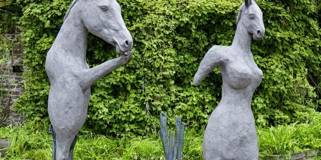 Image similar to art magazine photo, folk art garden sculptures in an english cottage garden, concrete sculpture of a horse, sculpture by wouterina de raad!!!, art by james tellen, highly detailed, realistic anatomical proportions, textured hand built concrete sculpture, amazing concrete sculpture, 4 k
