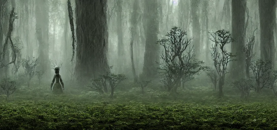 Prompt: a complex organic fractal 3 d metallic symbiotic ceramic humanoid megastructure creature in a swampy lush forest, foggy, cinematic shot, photo still from movie by denis villeneuve