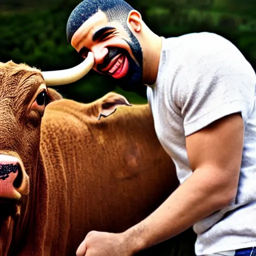 Image similar to drake, laughing and having fun, with a cow