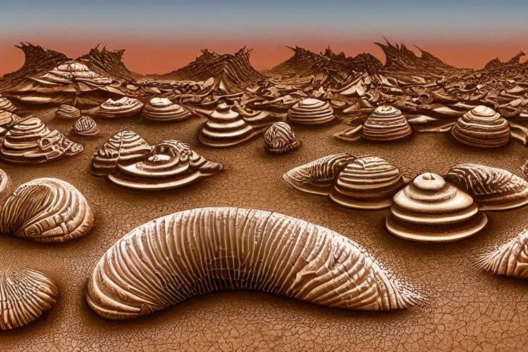 Prompt: a mysterious alien desert landscape with giant fractal shell buildings by James gurney and Jim burns