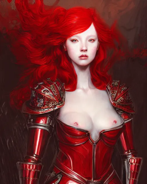 Prompt: redhead queen knight in red armor, inside grand hall in castle with rococo aesthetic, beautiful face, intimidating, high fantasy, intricate detail, digital painting, artstation, concept art, smooth, sharp focus, illustration, art by yoshitaka amano and monia merlo and wlop, masterpiece.