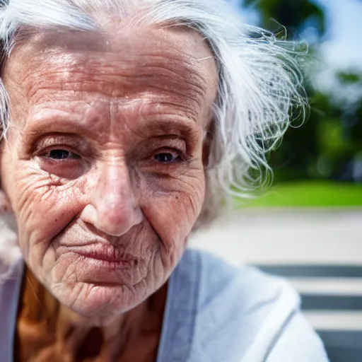 Image similar to an older woman sitting in a park wearing a small oxygen cannula under her nose, 4 k,
