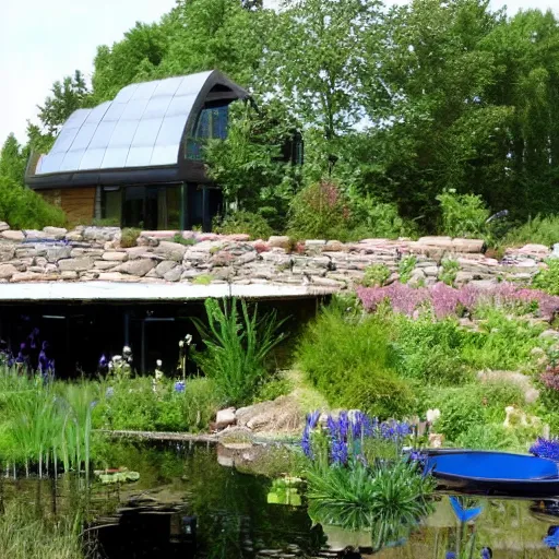 Prompt: earthship house with pond and cottage garden