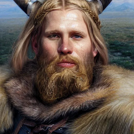 Image similar to an portrait of an happy male viking, long blonde hair, beard, eye scar, lip scar, detailed, centered, digital painting, artstation, concept art, donato giancola, Joseph Christian Leyendecker, WLOP, Boris Vallejo, Breathtaking, 8k resolution, extremely detailed, beautiful, establishing shot, artistic, hyperrealistic, beautiful face, octane render