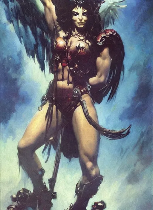 Image similar to portrait of female chaos angel, beautiful! coherent! by frank frazetta, by brom, strong line, deep color, armor, volumetric hair, high contrast