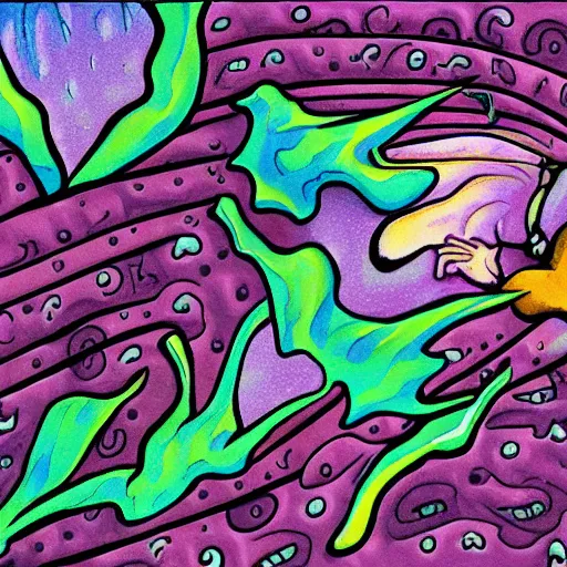 Image similar to couch sofa chesterfield flying through space psychedelic trippy eldritch horror cartoon