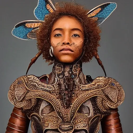 Image similar to “ brown woman wearing a dragonfly armor. intricate. super detailed. award winning. ”