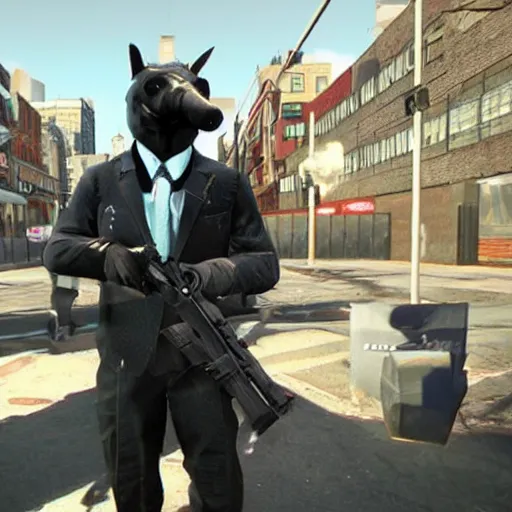 Image similar to Screenshot from the PC game Payday 2 demonstrating the fursuit unlock