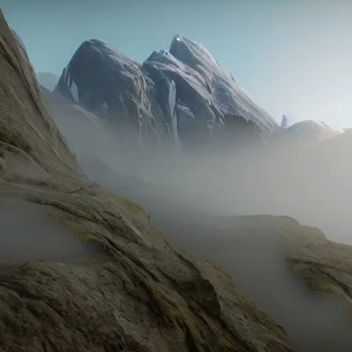 Image similar to still shot of a mountain covered in morning fog, highly detailed, photorealistic portrait, bright studio setting, studio lighting, crisp quality and light reflections, unreal engine 5 quality render