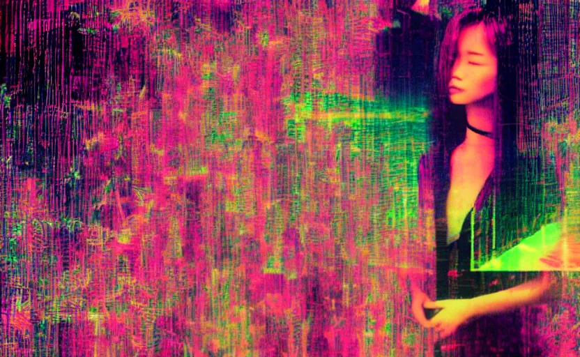 Prompt: vhs glitch art portrait of a beautiful asian woman full body front on lost in static, sexy metaphysical foggy environment, static colorful noise glitch volumetric light, by bekinski, unsettling moody vibe, vcr tape, 1 9 8 0 s analog video, vaporwave aesthetic, directed by david lynch, colorful static, datamoshed