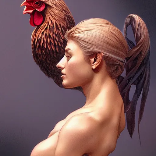 Image similar to full figure ultra realistic illustration, rooster, beautiful, intricate, elegant, highly detailed, digital painting, artstation, concept art, smooth, sharp focus, illustration, art by artgerm and greg rutkowski and alphonse mucha