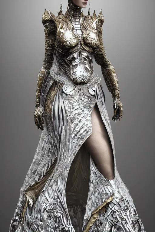 Prompt: a highly detailed 4 k render portrait of a tall beautiful alien goddess bella hadid in iris van herpen dress schiaparelli armor in diamonds and lots of jewelry in style of alphonse mucha trending on artstation made in unreal engine 4