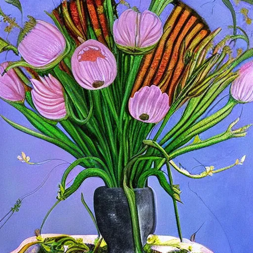 Prompt: A beautiful painting of flowers by HR Giger