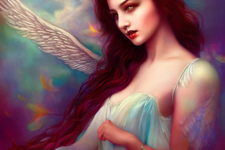 Image similar to pretty angel girl with wings photograph in the style of tom bagshaw, colorful, realistic, 8 k