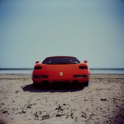 Image similar to “A wide shot of a Ferrari at the beach, dreamcore aesthetic, taken with a Pentax K1000, Expired Burned Film from 1930s, Softbox Lighting, 85mm Lens”