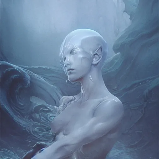 Image similar to atmospheric concept art of a female water elemental sculpted from marble, concept art, character concept art, atmospheric, fog, wayne barlowe , moebius, yoshitako amano