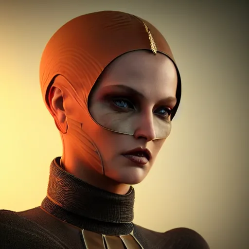 Image similar to dune movie inspired avant-garde art, deco fashion, highly detailed, photorealistic portrait, bright studio setting, studio lighting, crisp quality and light reflections, unreal engine 5 quality render