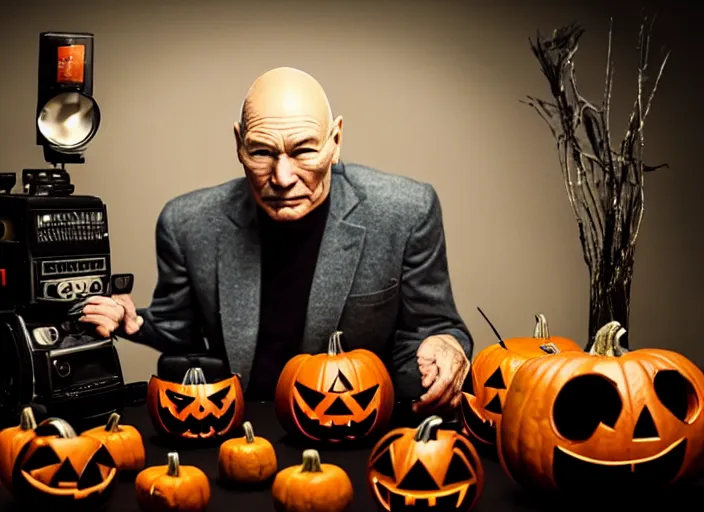 Image similar to a scene from a 2 0 2 0 s halloween kills, patrick stewart is eating from a can of beans, vhs distortion, cathode ray tube distortion, folk horror, hauntology, 8 k, 8 5 mm f 1. 8, studio lighting, rim light, right side key light