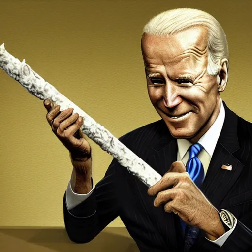 Image similar to joe biden holding a giant smokey joint while sitting on a couch in a messed up apartment, stoned eyes, smoke, beautiful digital art, amazing detail, artstation, award winning, sharp