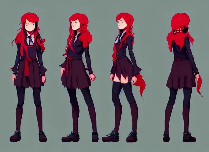 Image similar to character sheet of attractive female student witch by greg rutkowski, magic school uniform, glowing red hair color, by studio ghibli and ross tran, digital art, trending on artstation, highly detailed, concept art, beautiful, masterpiece