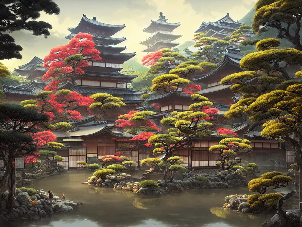 Image similar to old japanese town with garden viewed from harbor, d & d digital painting, ultra realistic, beautiful, volumetric lighting, warm colors advance, cell shading, by james jean, greg rutkowski,