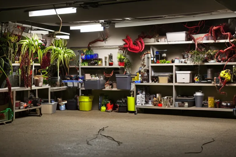 Image similar to garage with carnivorous plants on the shelves and packing peanuts on the floor, scene from tv show hyper detailed 5 5 mm 8 5 mm, low - light photography by tyler mitchell, made out of plastic