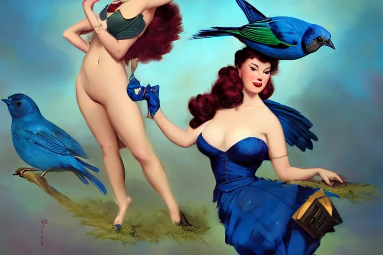 Image similar to pinup girl holding an indigo bunting, bird, the bird is wearing a bowtie, by greg rutkowski, rossdraws, gil elvgren, enoch bolles, anime, porcelain skin, very coherent