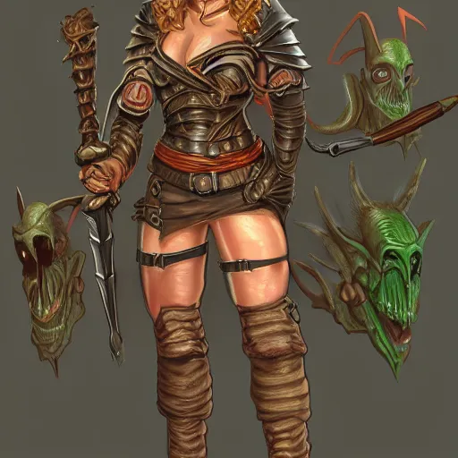 Prompt: character portrait of a crazed female goblin wielding daggers and wearing fully clothed leather armor. d & d. digital painting. high detail. trending on artstation. larry elmore.