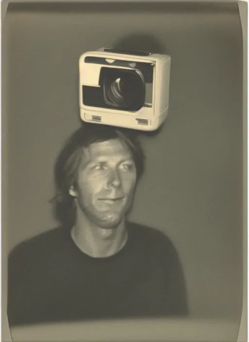 Prompt: vintage polaroid photograph of a man with a television replacing his head, 1 9 8 0 photography, film grain