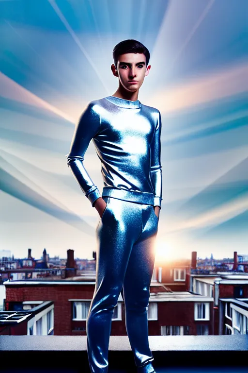 Image similar to un ultra high definition studio quality photographic art portrait of a young man standing on the rooftop of a british apartment building wearing soft padded silver pearlescent clothing. three point light. extremely detailed. golden ratio, ray tracing, volumetric light, shallow depth of field. set dressed.