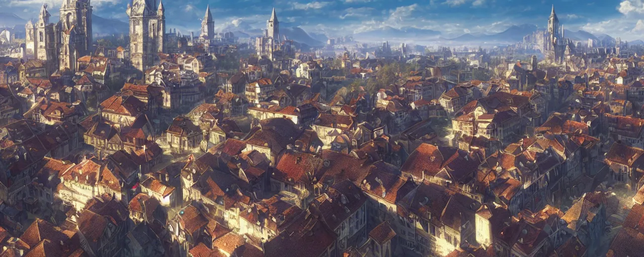 Prompt: aerial view of a city center. pc game. witcher 3 lyria. village. detailed. church. city center. art by moebius and thomas kinkade and greg rutkowski.