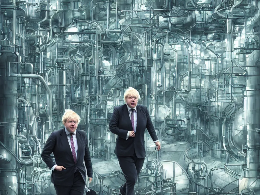 Prompt: boris johnson stuck in a futuristic chemical plant, high detail, intricate, trending on artstation