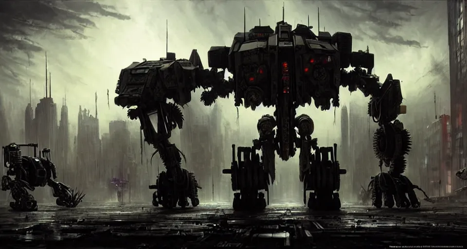 Image similar to zombie - flesh - battlemech, in a cyberpunk gothic city hyper realistic sci - fi matte concept art painting of dramatic cinematic scene, guns, missiles, explosions, beautiful details, strong composition painted by kim jung guweta studio rutkowski, james gurney and greg rutkowski, and lucasfilm, smooth, intricate, detailed, sharp focus, cinematic