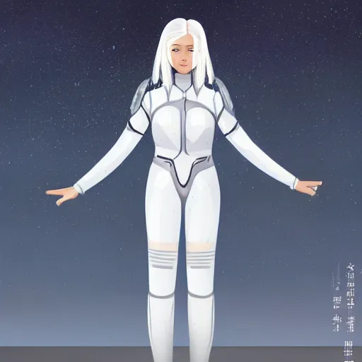 Prompt: beautiful white haired woman dressed in see through space suit in the style of zezhou chen highly detailed, smooth, sharp focus