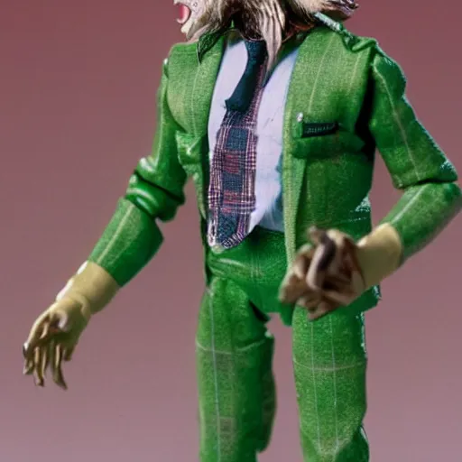 Image similar to plastic wolfman action figure with faded green face dressed in a plaid suit. 1 9 7 9 vintage