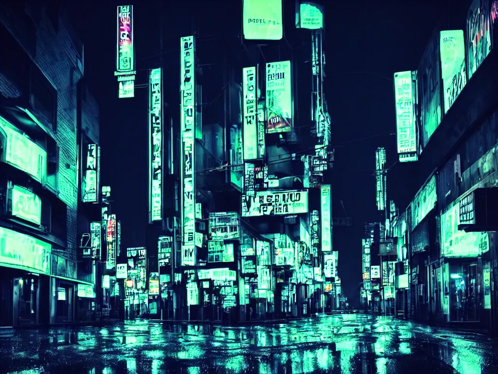 Image similar to rainy cyberpunk downtown city street in dark night time, neon lights glow, black sky