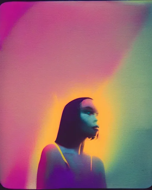 Prompt: futuristic chrome woman's face, violet and yellow and green sunset, polaroid photo, atmospheric, whimsical and psychedelic, grainy, expired film, glitched