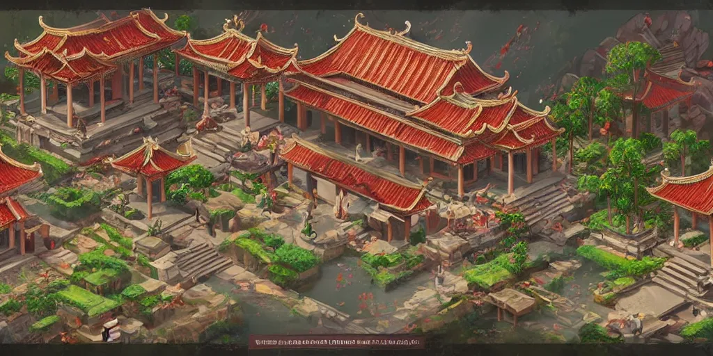 Image similar to vietnamese temple scene, 2 d game art background, sharp, detailed, intricate, game level design, cinematic lighting, trending on artstation, in style of vinodh sivaraja and lam manh