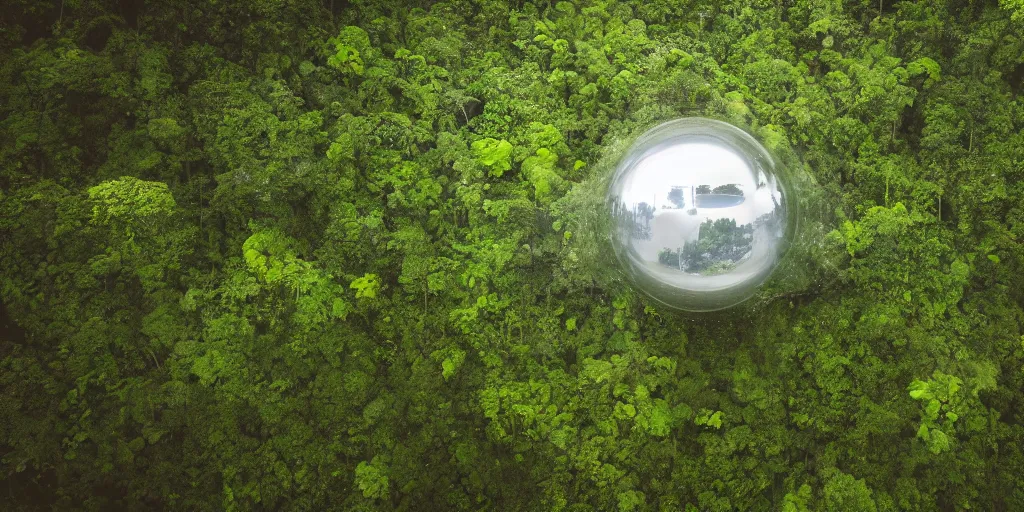 Image similar to photo of a chrome blob hovering in the amazon jungle, cinematic wide shot