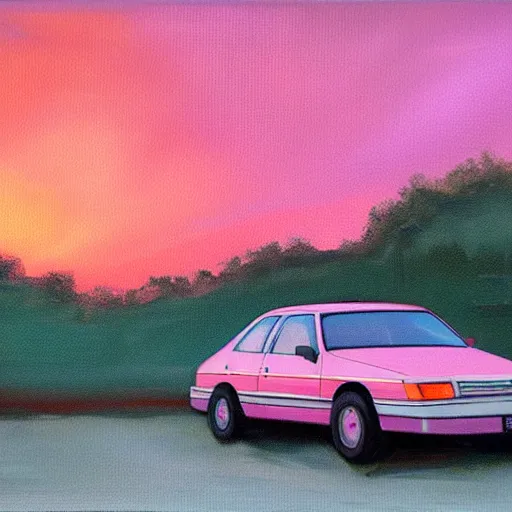 Prompt: an old 1 9 8 0 s car parked off the road, pink sunset, ocean in distance, oil painting, pale colors, high detail, 8 k, wide angle, trending on artstation,