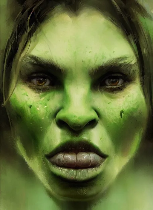 Image similar to green orc female, light green tone beautiful face, by greg rutkowski, by jeremy mann, digital painting