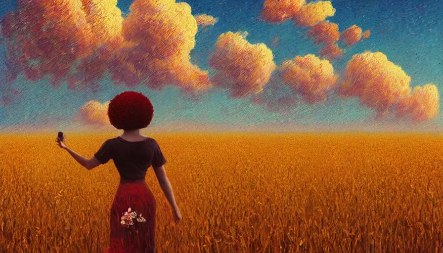 Prompt: giant red carnation afro head, full body, full body, girl walking in a wheat field, surreal photography, hills, sunrise dramatic light, impressionist painting, colorful clouds, digital painting, pointillism, artstation, simon stalenhag