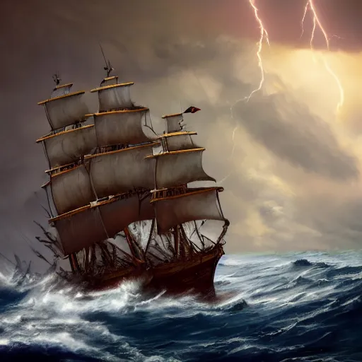 Image similar to pirate people at sea, big storm with lightnings and tornado, trending on artstation