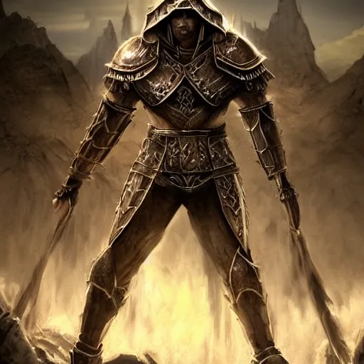 Image similar to unknown the elder scrolls vi hammerfall, battle hardened imposing male redguard character portrait partially clothed in hooded metal - plated exquisitely detailed hooded battle armour, desert, tropical jungle setting, atmospheric lighting, painted, intricate, volumetric lighting, beautiful, rich deep colours masterpiece, sharp focus, ultra detailed