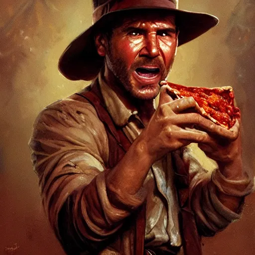 Image similar to close up indiana jones stealing a pepperoni pizza, its sloppy wet and gross, that is on a pedastal painted by greg rutkowski