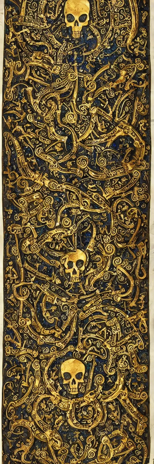 Image similar to magical medieval scroll containing many complex gold inlay symbols and luminous sigils and one a single punisher skull emblem. detailed, high art, intricate, artisan