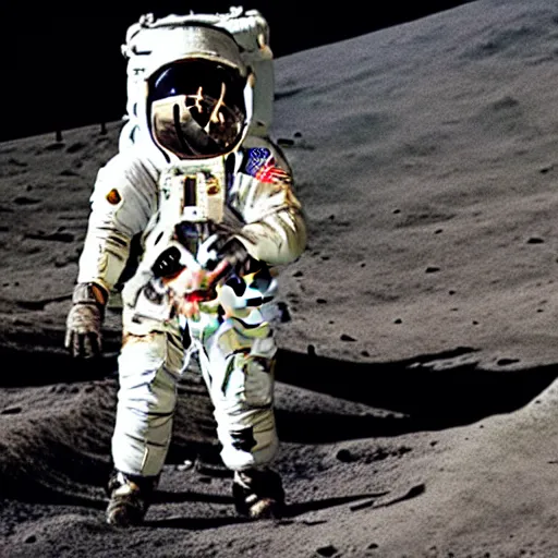 Prompt: astronauts on the moon with demons and monsters, monsters on the moon, astronauts, grainy footage, apollo 1 1 footage