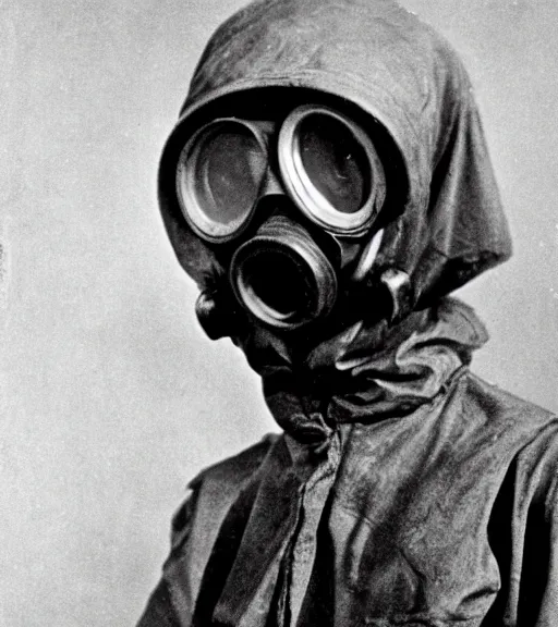 Image similar to man in a hazmat suit and gasmask, ww1 film photo, grainy, high detail, high resolution