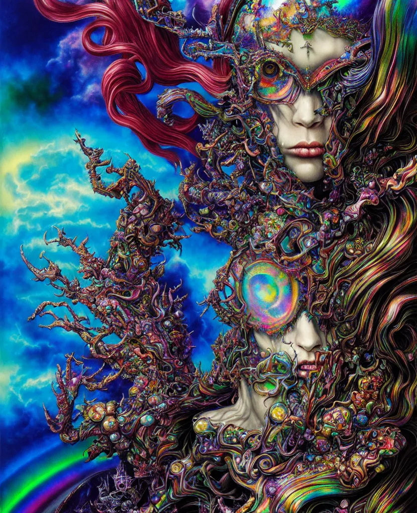 Image similar to realistic detailed image of rainbow iridescent mega god of chaos, depth perception, depth of field, action horror by lisa frank, ayami, karol bak, neo - gothic, gothic, rich deep colors, part by adrian ghenie and gerhard richter. art by yoshitaka amano. masterpiece